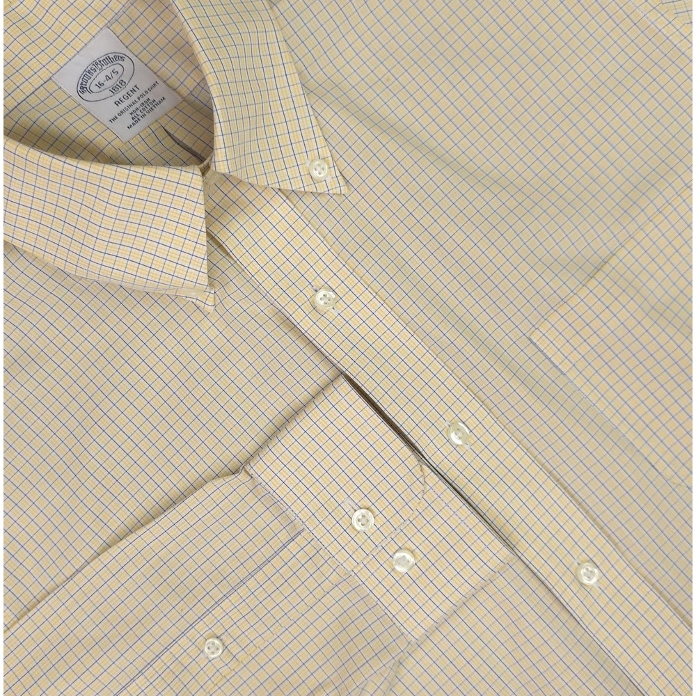 Brooks Brothers Dress Shirt Mens 16 34/35 Yellow Check Regent Non Iron Cotton